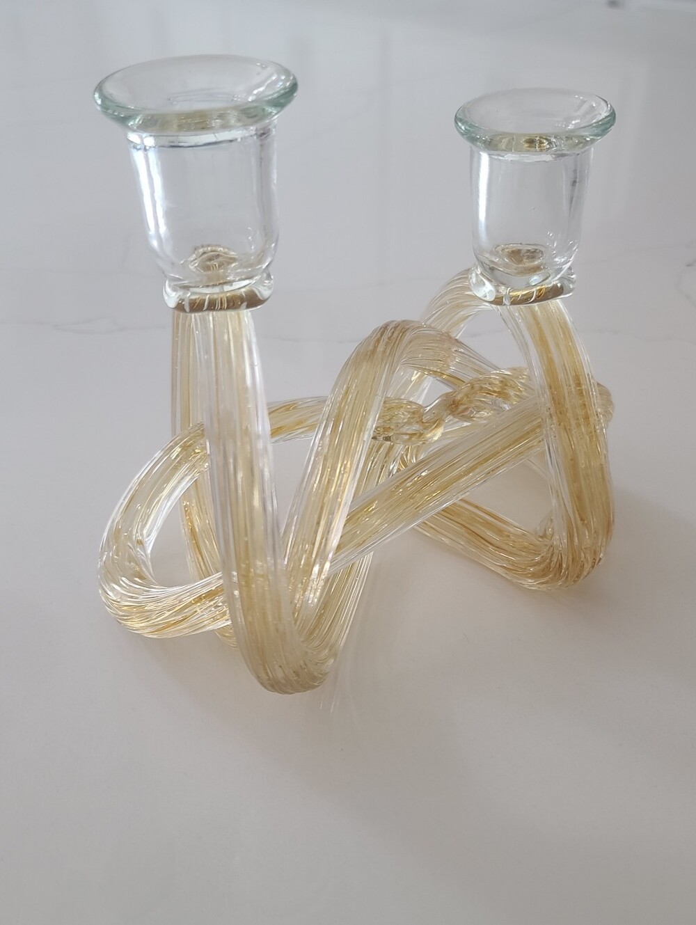 Vtg Murano Style Glass Knot Double Candle Holder Clear Gold Ribbed Centerpiece